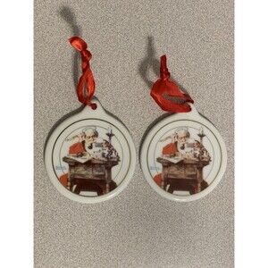 Vtg Ceramic Ornaments Norman Rockwell Santa Reading Letters 1996 Set Of 2 Round